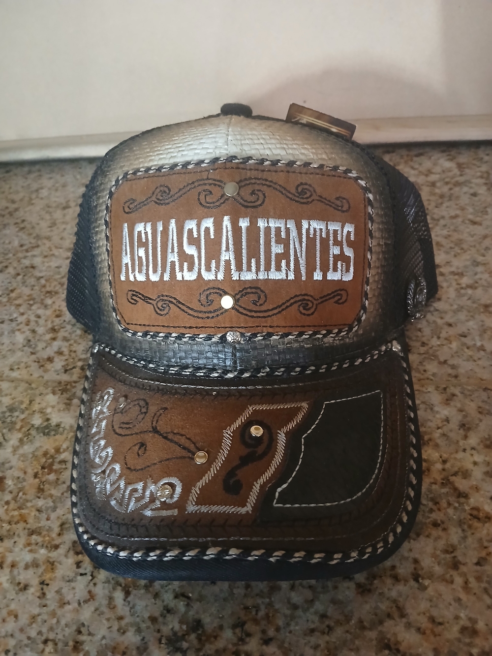 Aguascalientes Embroidered Leather Patch Trucker Hat - Brown & Black